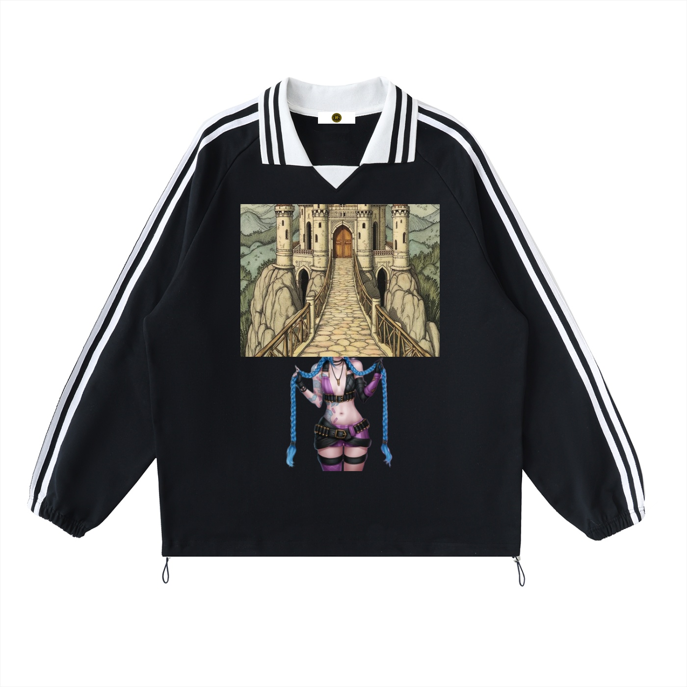 Contrast Striped Lapel Collar Sweatshirt